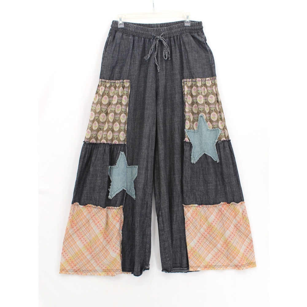 Easel Patchwork Palazzo Pants womens Medium Star Floral Plaid Boho Denim Look